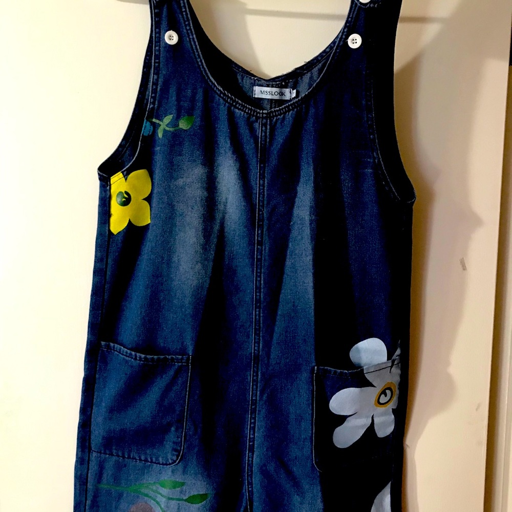 NEW-Jean Flowered Overalls-Size Small